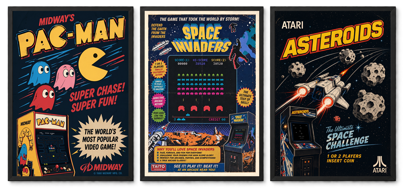 Three retro arcade game poster designs.