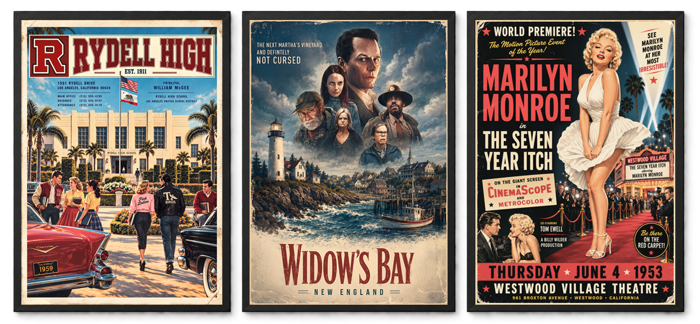 Three retro movie and television poster designs.