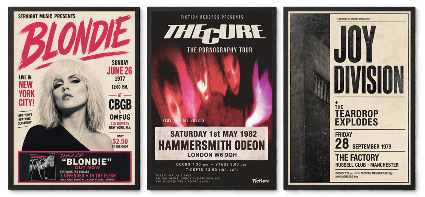 Three retro music poster designs.
