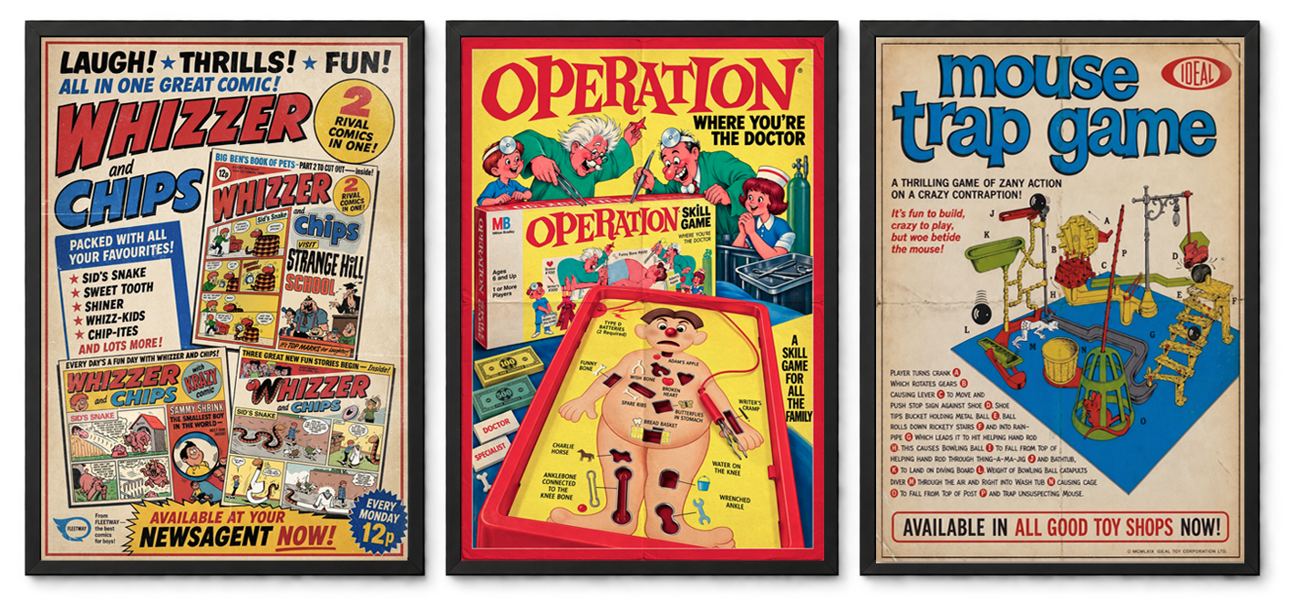 Three retro toy, comic and game poster designs.
