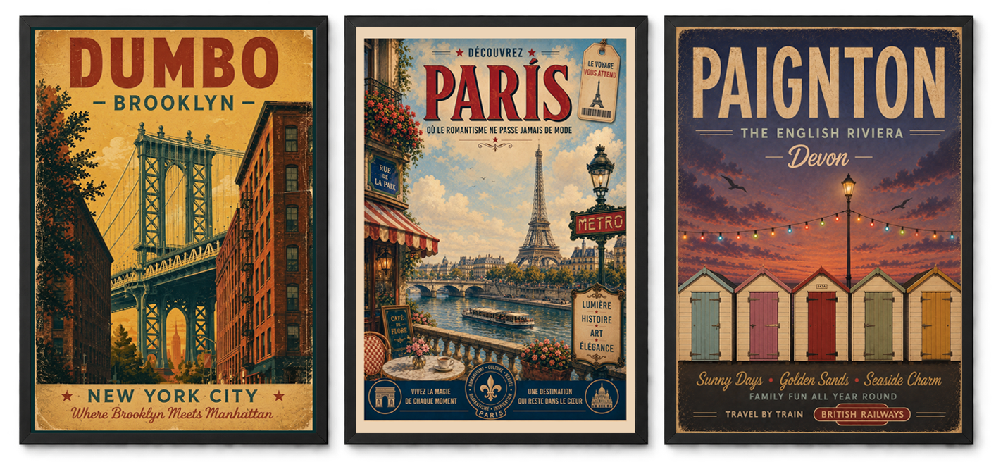 Three retro travel poster designs.
