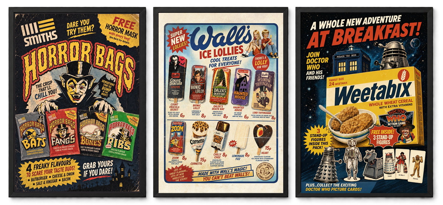 Three retro sweets, snacks and cereal poster designs.