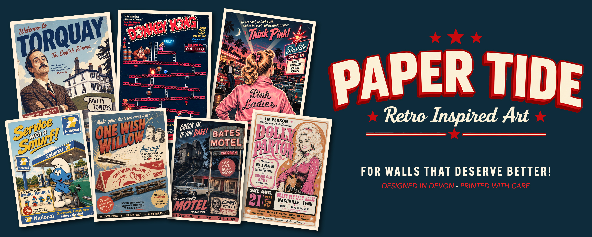 Paper Tide — Retro Inspired Art for walls that deserve better, designed in Devon and printed with care, alongside seven retro-inspired poster designs.